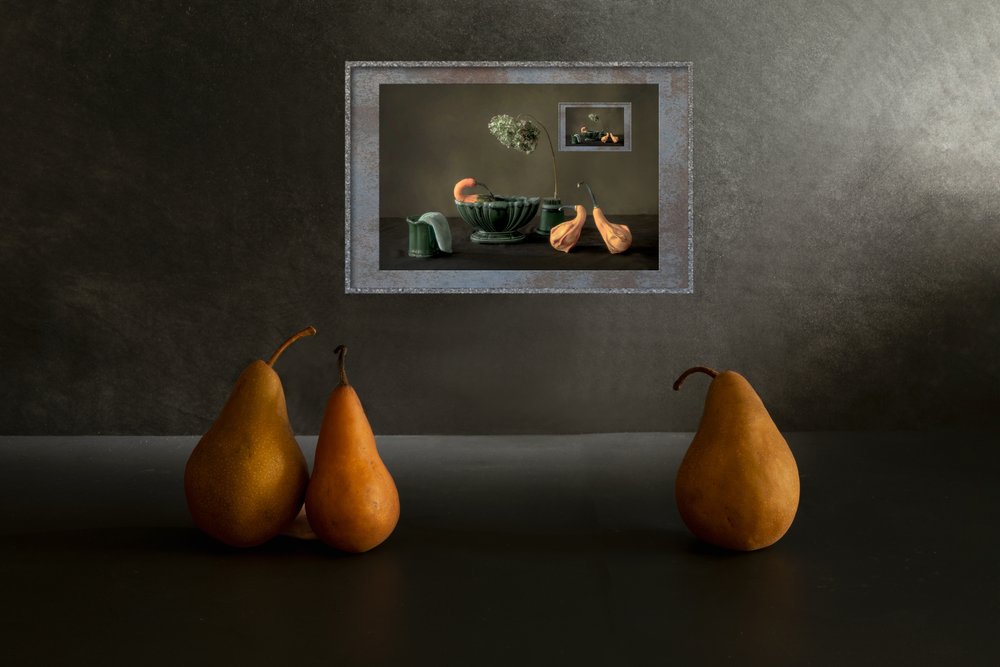 Golden Pears Dark Still Life by Wendy Xu