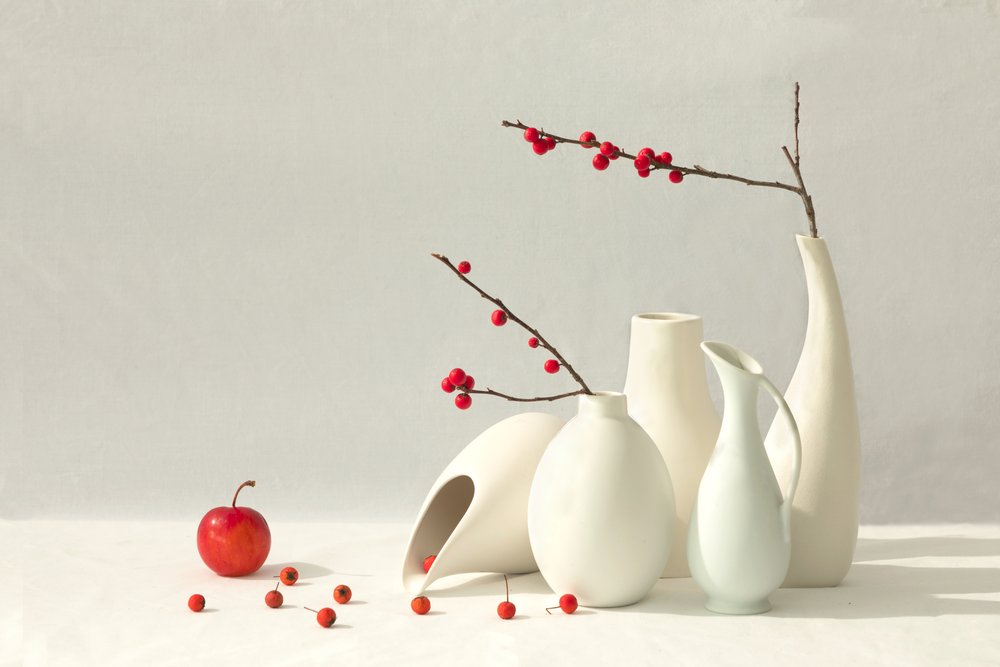 Red Berries White Vases by Wendy Xu