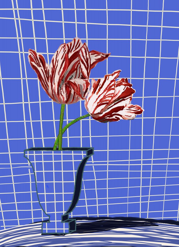 Red Tulips Blue Grid by XHOZUCAN