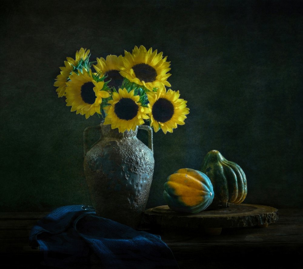 Moody Sunflowers and Gourds by Yinan F.