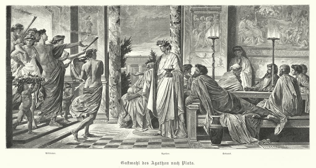 Banquet of Agathon and Plato, Ancient Greece (engraving)