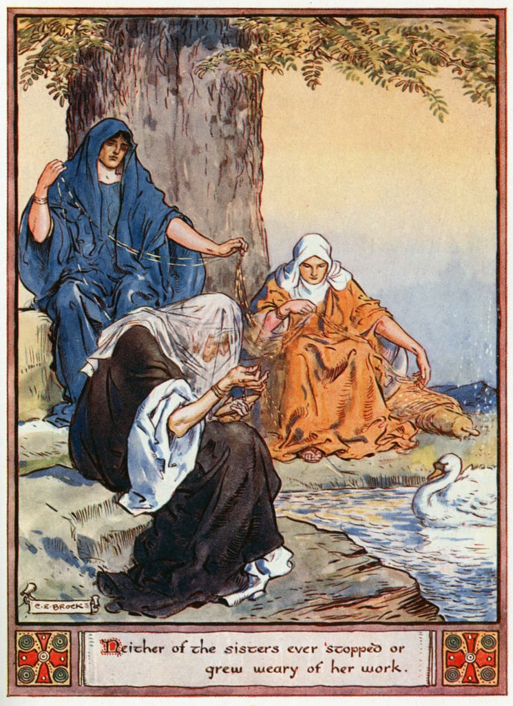 Neither of the sisters ever stopped or grew weary of her work, illustration  from The Heroes of Asgard, Tales from Scandinavian Mythology, by A and E  Keary, 1930