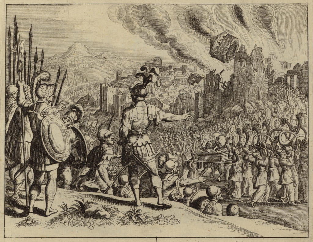 The trumpets of Joshua bringing down the walls of Jericho (engraving)