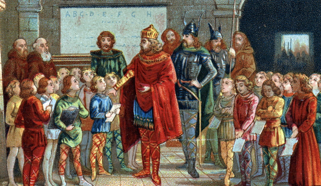 Emperor Charlemagne visiting a school, his interest in education and