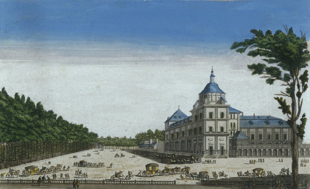 View of the Royal Palace of Aranjuez, Spain (colour engraving)