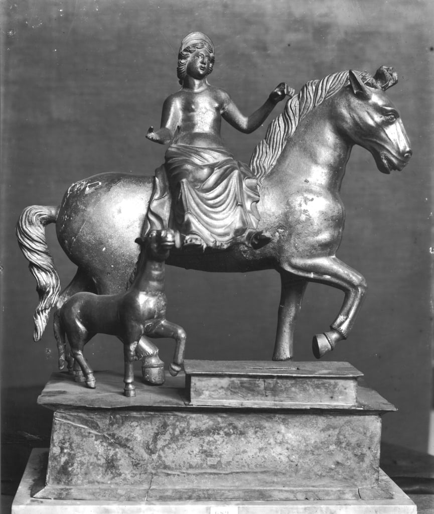 Statuette of Epona, Gaulish Goddess, protector of horses, riders and  travellers, from La Sarrazine, Jura, c.50 BC-400 AD (bronze)
