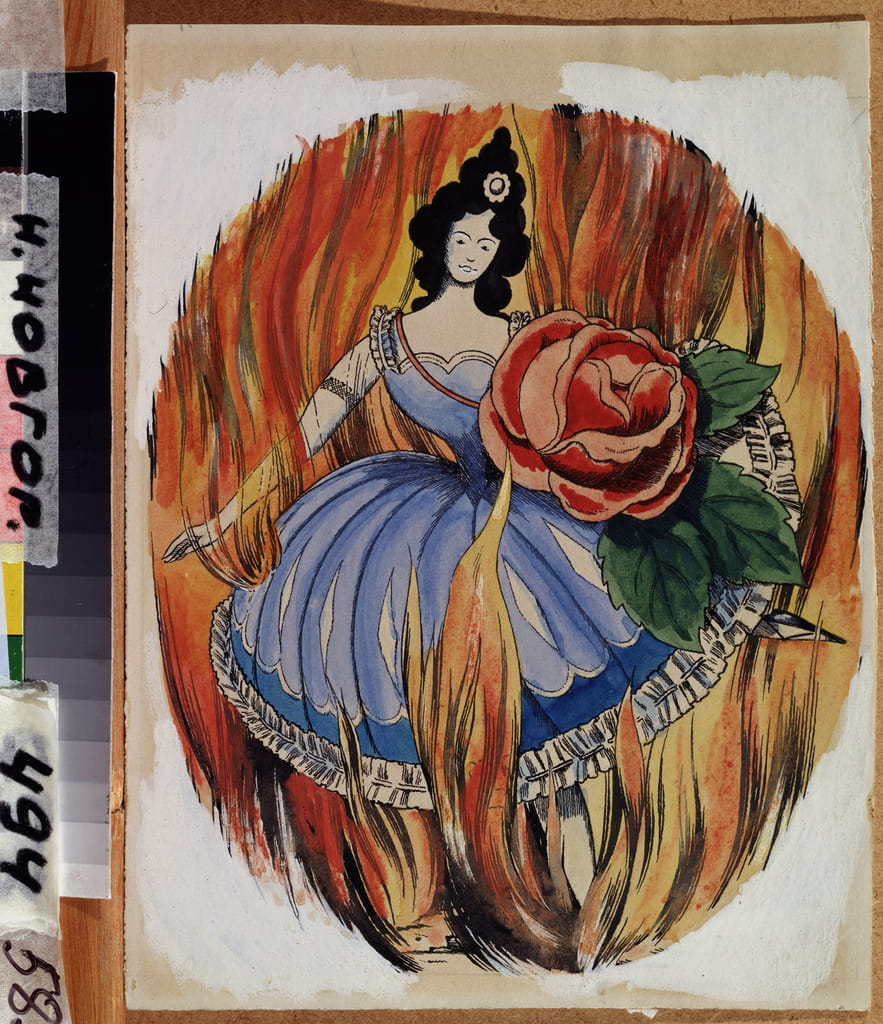 Priestess of the Fire. A ballerina sketches a dance step amidst