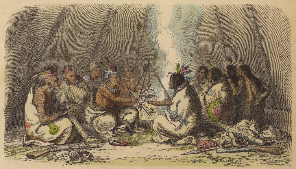 Native Americans of the Fox and Raven tribes smoking the peace pipe (coloured engraving)