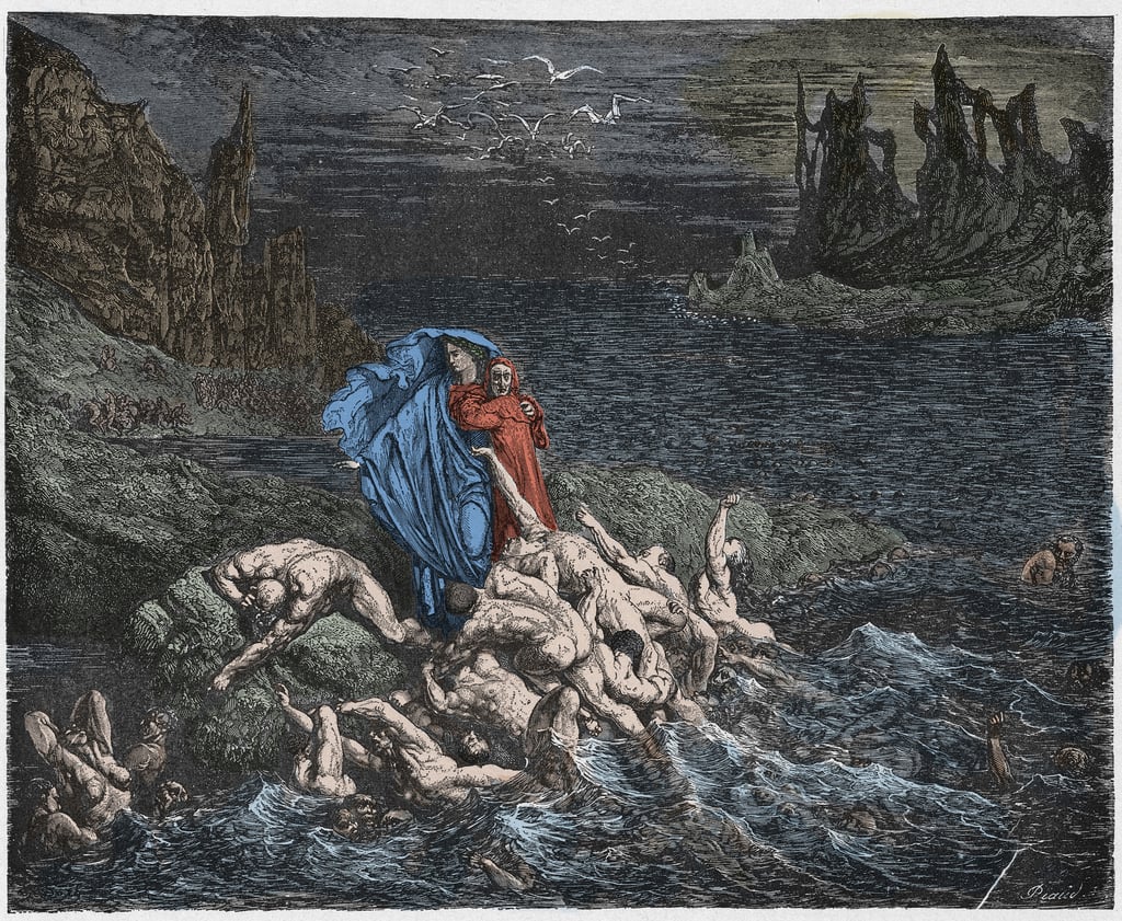 Inferno, Canto 29 : The falsifiers and forgers tormented with itching,  illustration from The Divine Comedy by Dante Alighieri, 1885 (digitally  coloured engraving)
