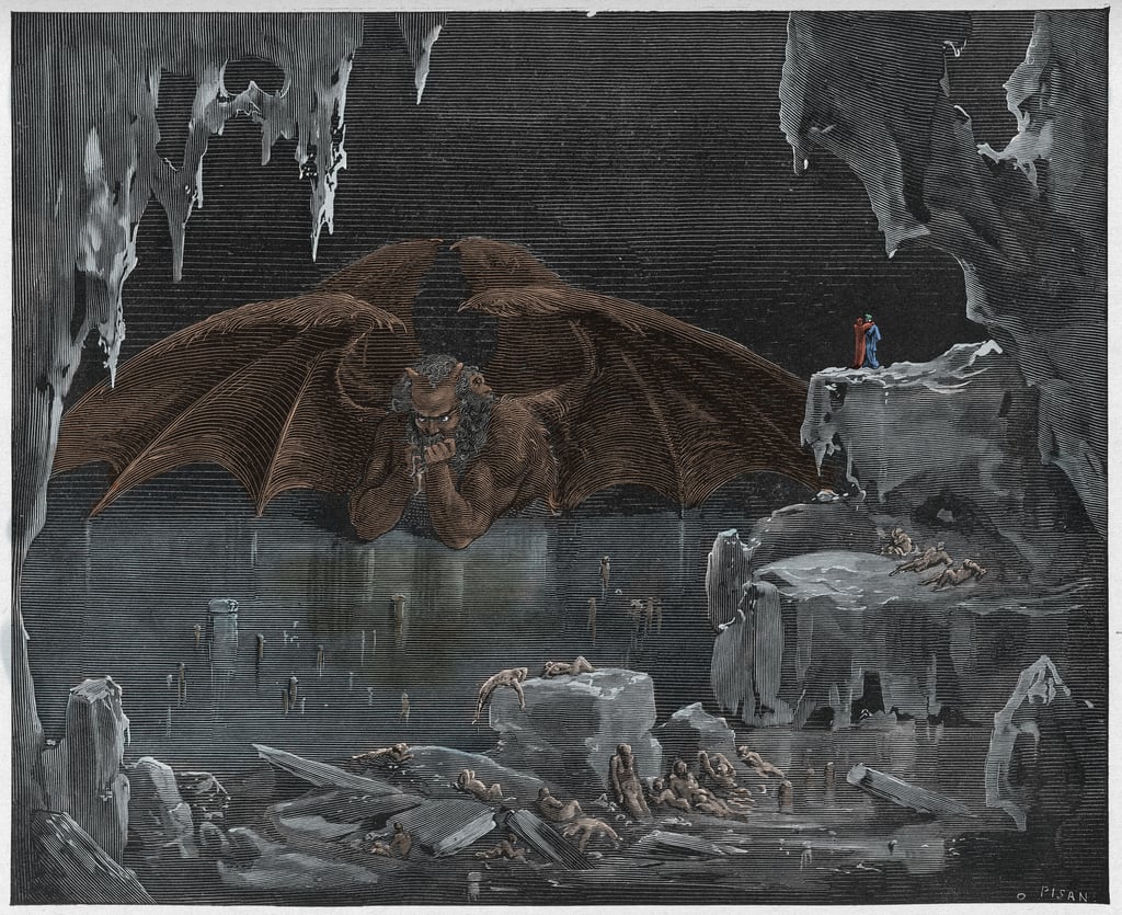 Inferno, Canto 34 : Lucifer, king of Hell, frozen in the ice ...