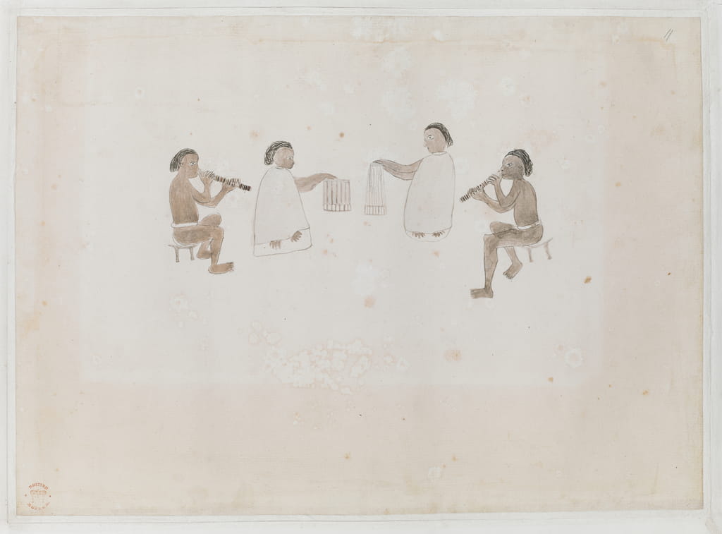 Musicians of Tahiti. Four Tahitians two dressed in the mare