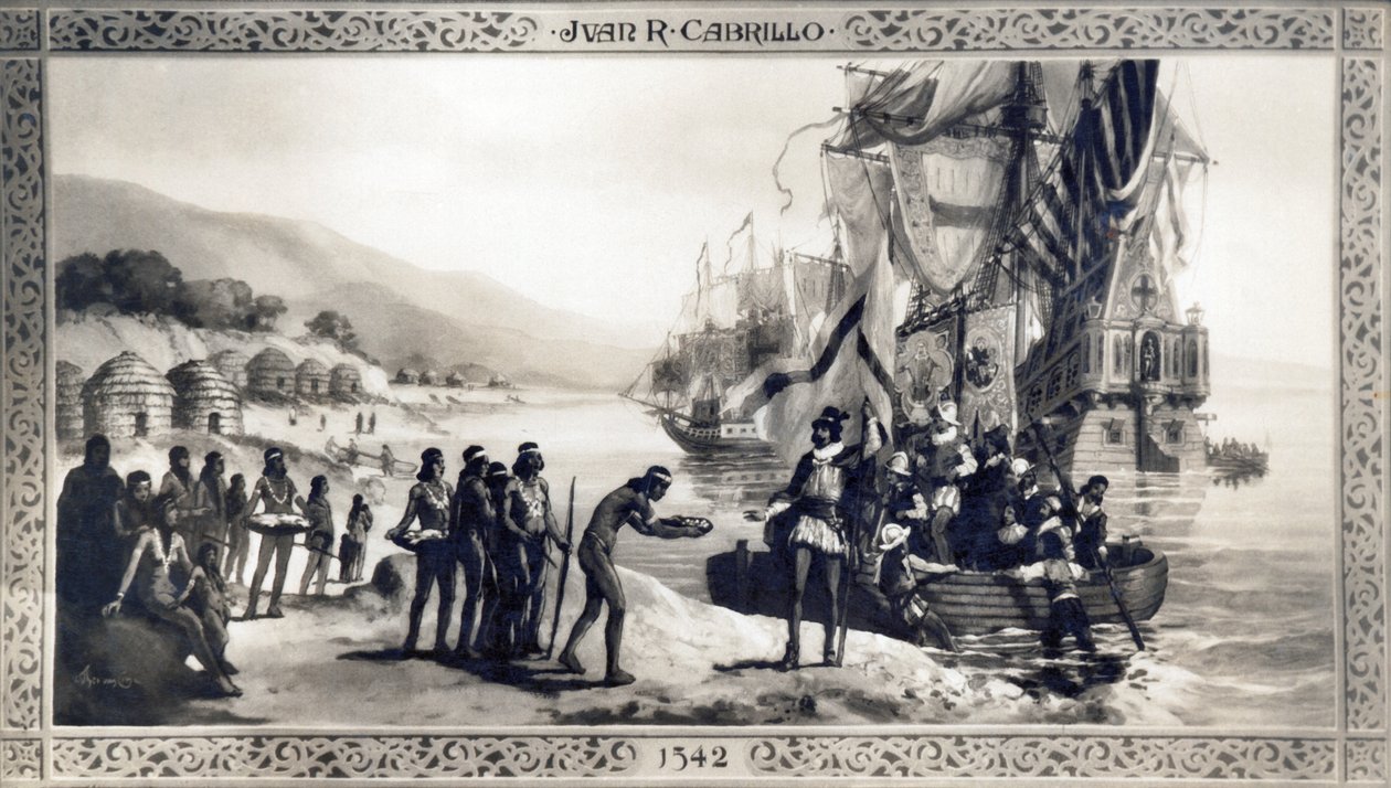 California: 1542. Juan Rodriguez Cabrillo meeting natives on the California coast during his expedition by Unknown