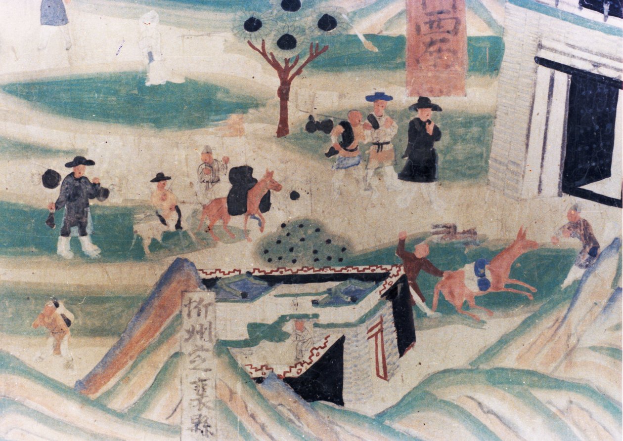 Detail of the Wutai Mountain Map, a Mural Painting Done During the Five Dynasties (907 - 960) in the Dunhuang Grottoes, Depicting Pilgrims Coming Up to an Inn for the Night by Unknown