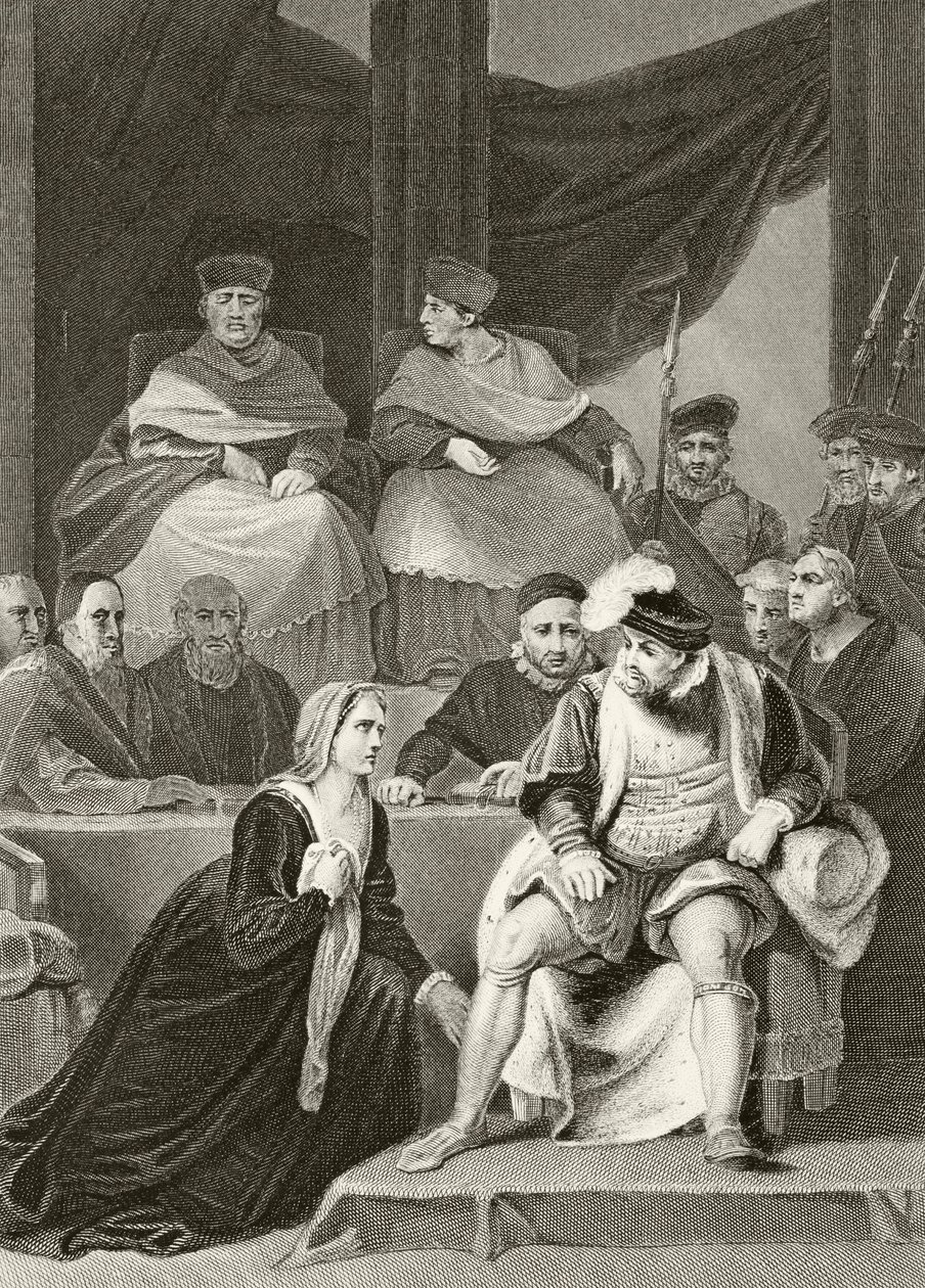 Catherine of Aragon kneeling before her husband King Henry VIII during the trial of their marriage, from 