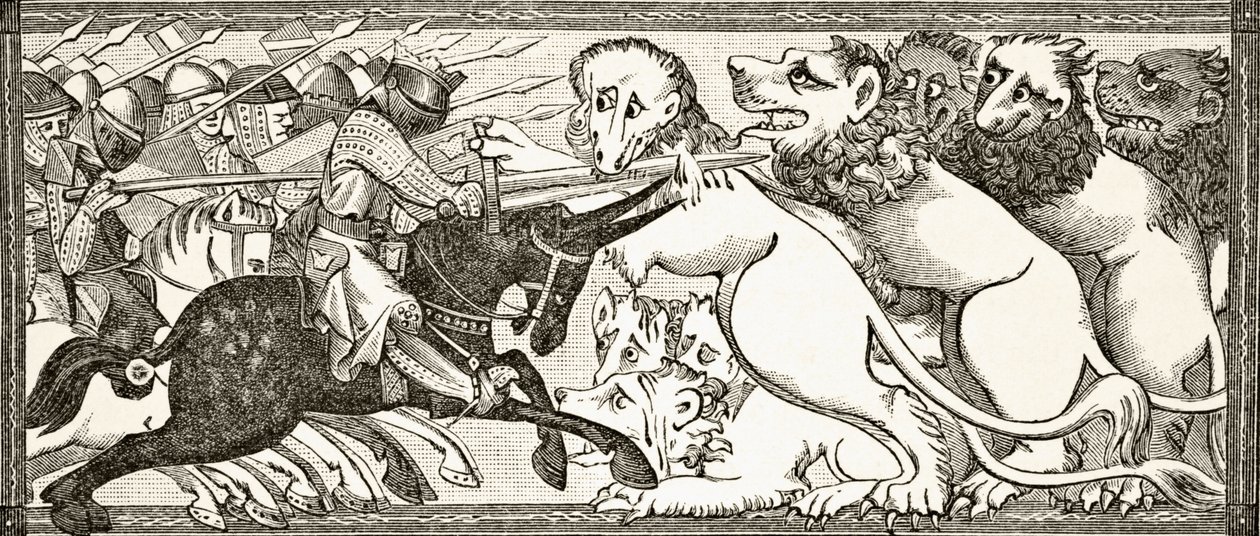 How Alexander Did Battle with White Lions as Big as Bulls, after a Miniature in a 13th Century Manuscript, from 
