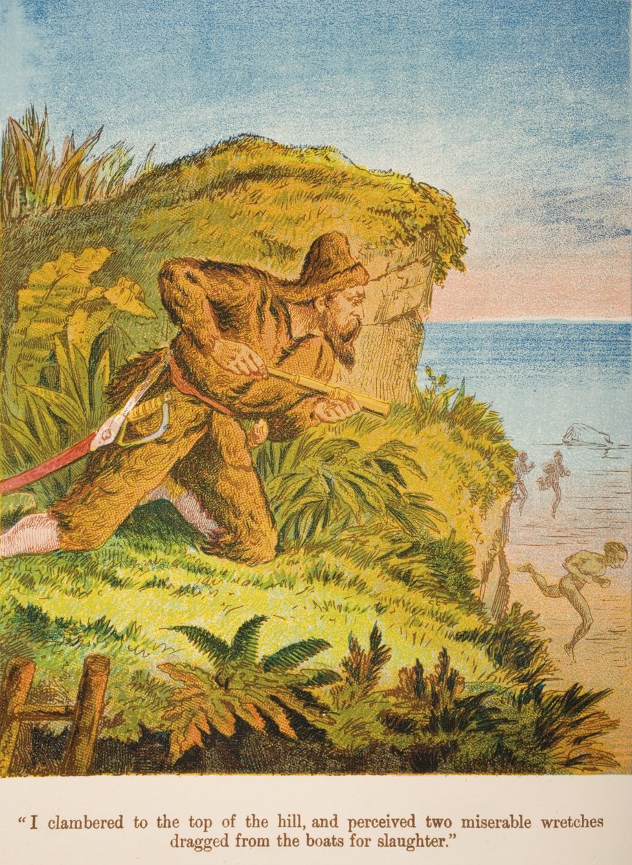 I Clambered to the Top of the Hill, and Perceived Two Miserable Wretches Dragged from the Boats for Slaughter, illustration from Robinson Crusoe by Daniel Defoe by English School