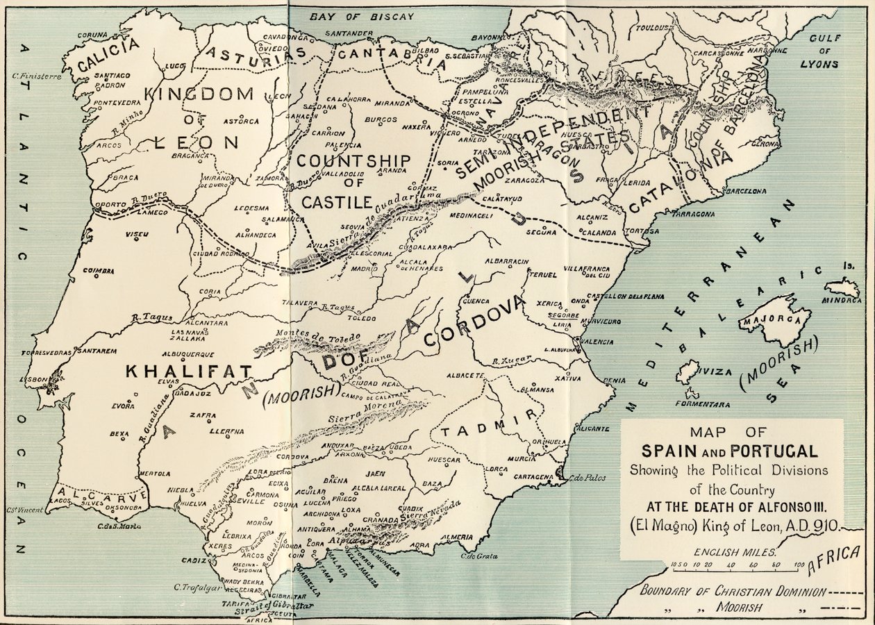 Map of Spain and Portugal showing the political divisions in the country at the death of Alfonso III, King of Leon, from 