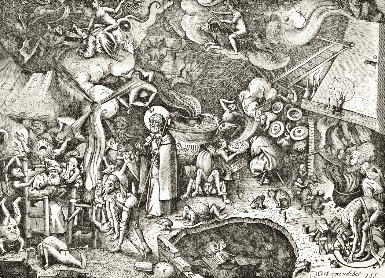 St. James the Elder combating the diabolical enchantments of a magician, engraved in the 16th century after a composition by Brueghel the Elder, from 