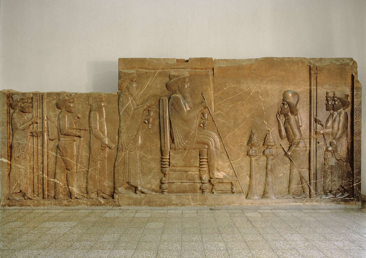 Audience Relief from the North Facade of the Apadana Stairway, Persepolis, Depicting Darius I The Great, with His Crown Prince Xerxes Standing Behind Him, Artabanus the Major-Domo Before by Achaemenid