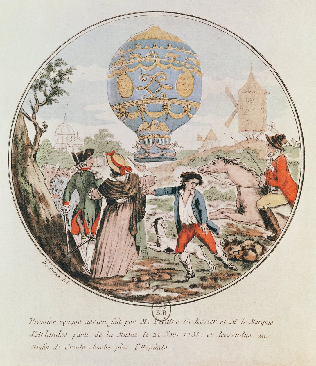 The First Aerial Voyage by Monsieur Francois Pilatre de Rozier and the Marquis of Arlandes from Muette to the Windmill at Croule-Barbe, 21st November 1783 by De Frene