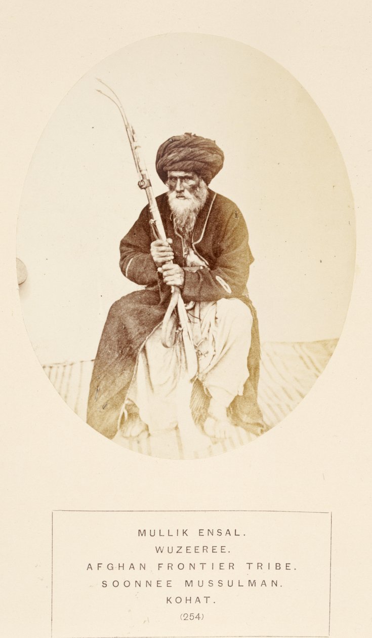Mullik Ensal, Wuzeeree tribesman from the Afghan Frontier Tribe, Kohat, from The People of India, by J. Forbes Watson, published 1868 by English Photographer