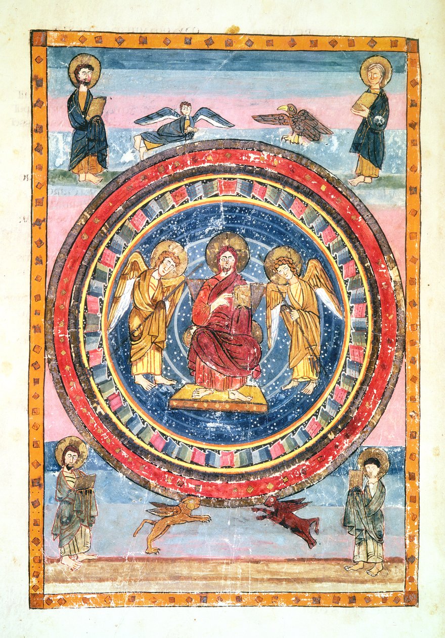 Christ in Majesty with angels and the Four Evangelists, executed at Jarrow, Wearmouth, early 8th century by English School