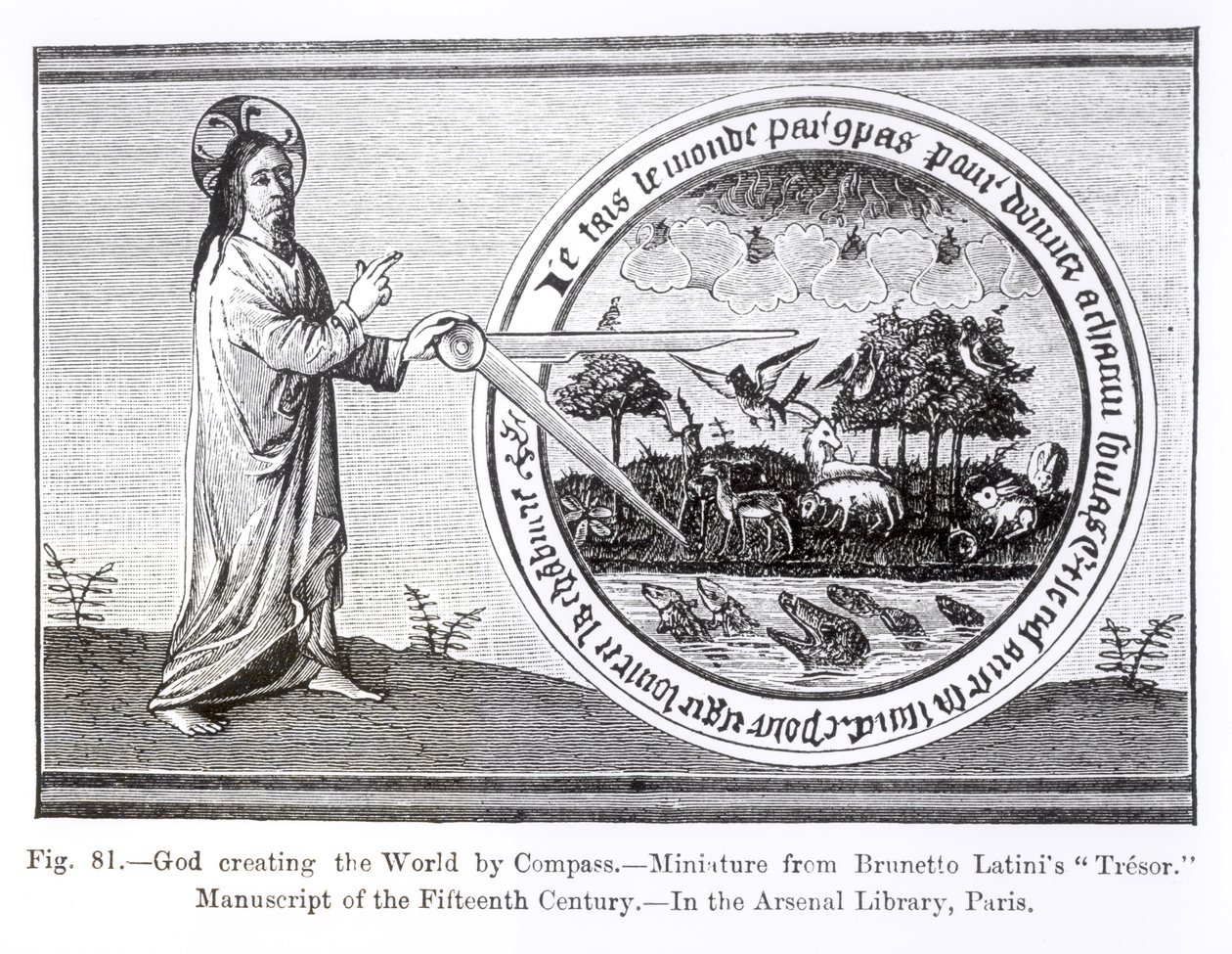 God Creating the World by Compass, from a manuscript illumination of Le Livre du Tresor by Brunetto Latini, illustration from Science and Literature in the Middle Ages and the Renaissance by French School