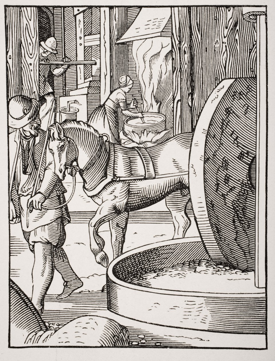 Manufacture of Oil, after a 16th century illustration drawn and engraved by Jost Amman from 