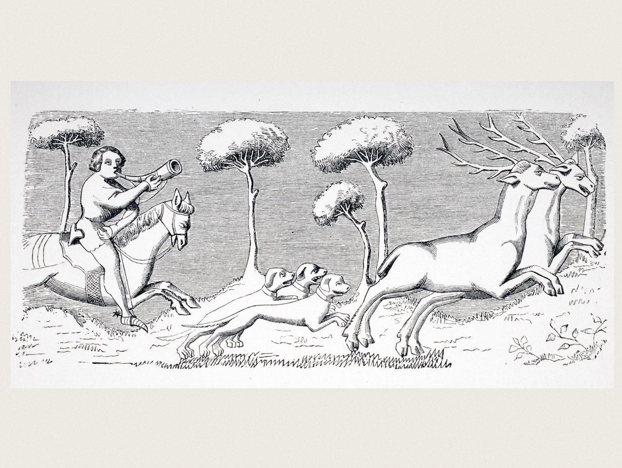 Nature and Appearance of Deer and How They Can Be Hunted with Dogs (after a miniature in the 15th century Manuscript of Phoebus, from 