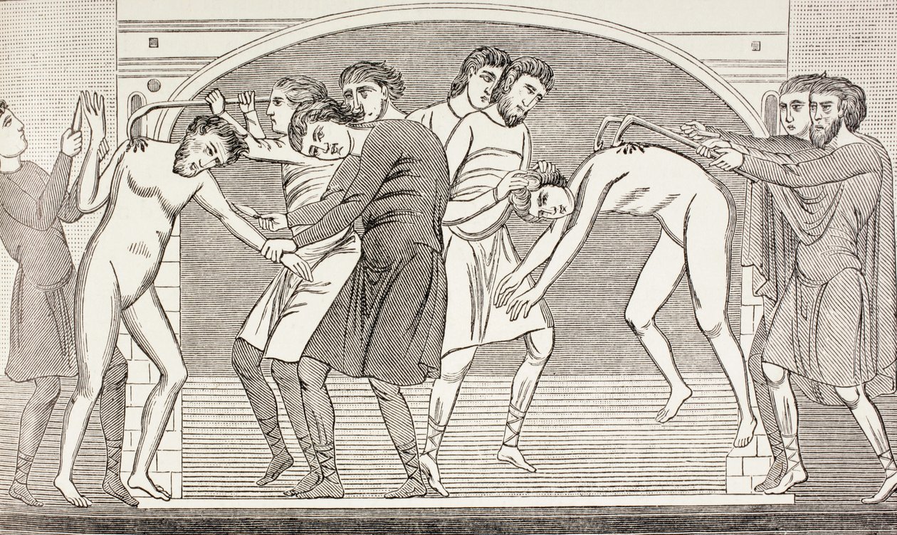 Saints Savin and Cyprian having their flesh torn from their bodies with iron hooks, from 