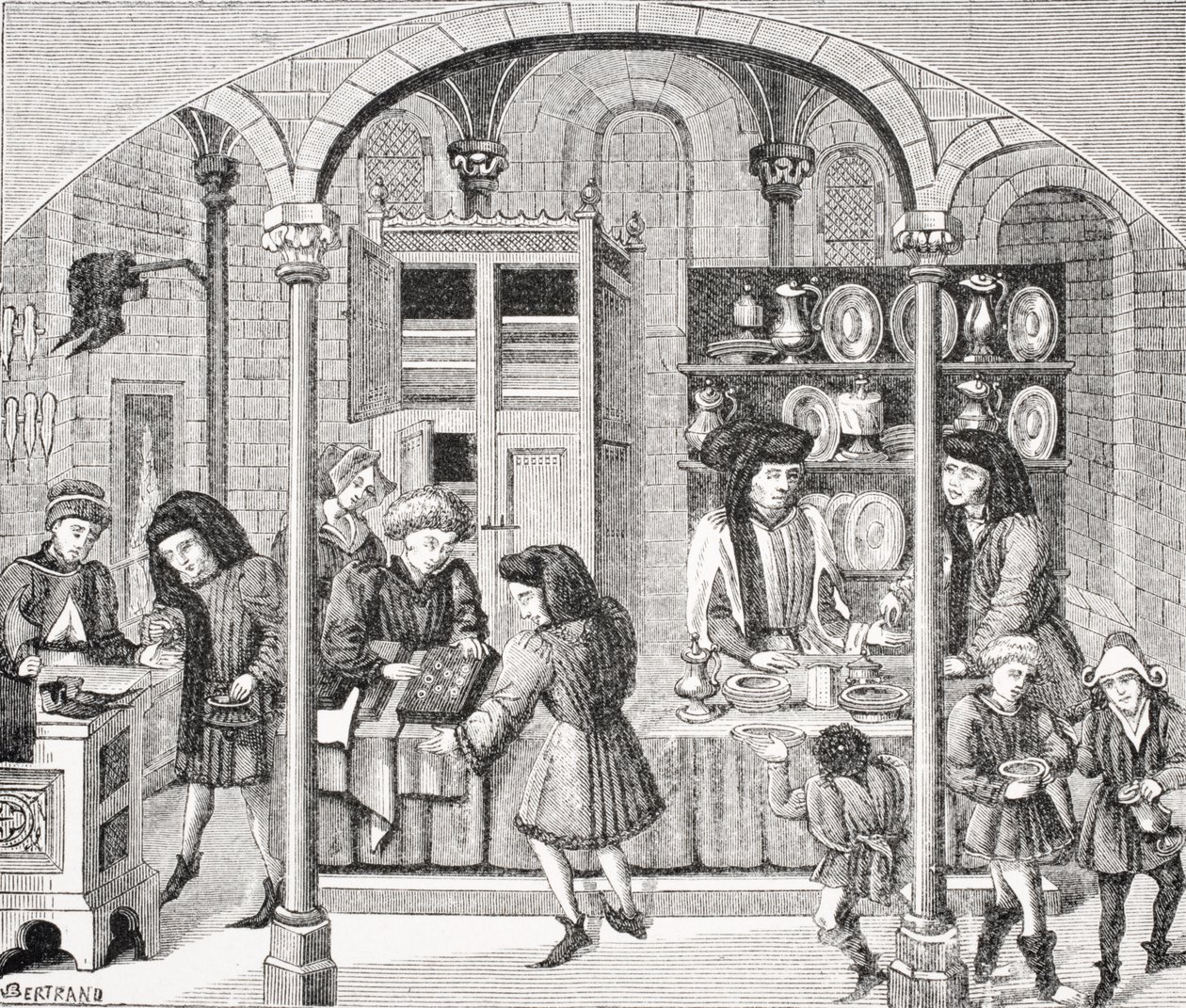Shops under a Covered Market, after a miniature in a 14th century translation of Aristotle