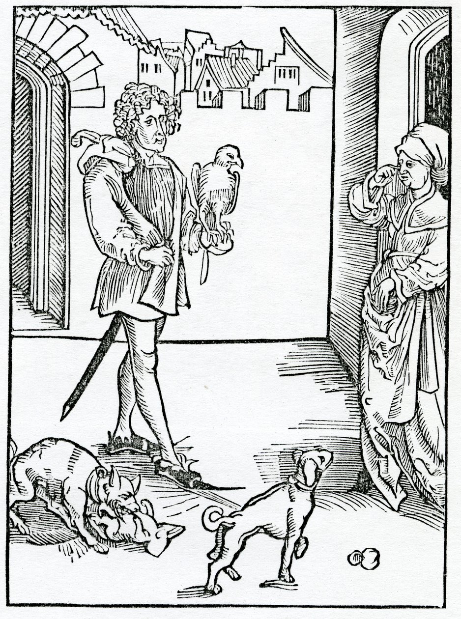 Of them that make noises rehearsing tales and do other things unlawful and dishonest in the church of God, illustration from Alexander Barclay
