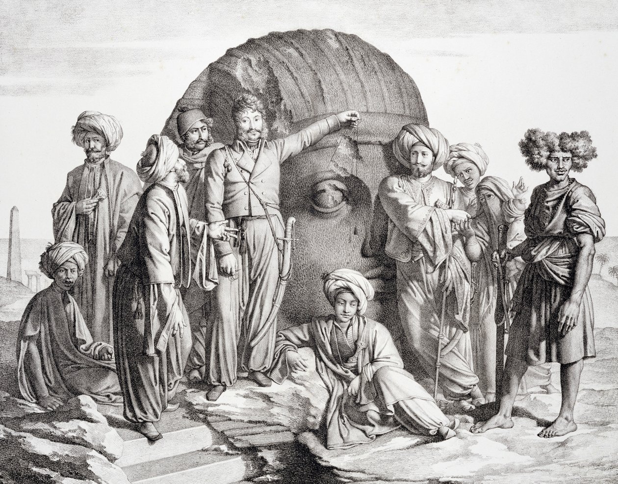 Monsieur Drovetti and His Followers Using a Plumb Line to Measure a Colossal Head in the Egyptian Desert by Granger