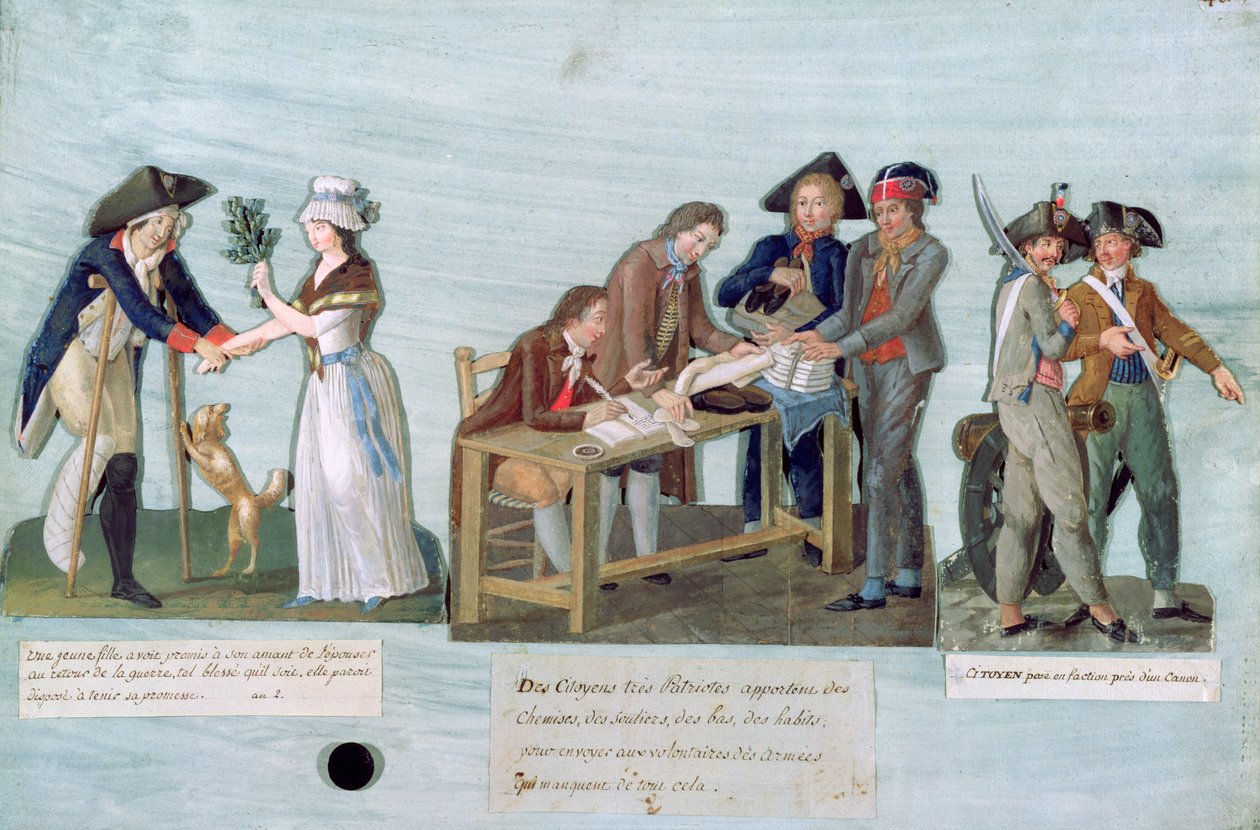 A Woman Promising to Marry her Wounded Suitor after the War, Patriotic Citizens Donating their Clothes to the Fighting Volunteers and Guards near their Cannon by Lesueur Brothers