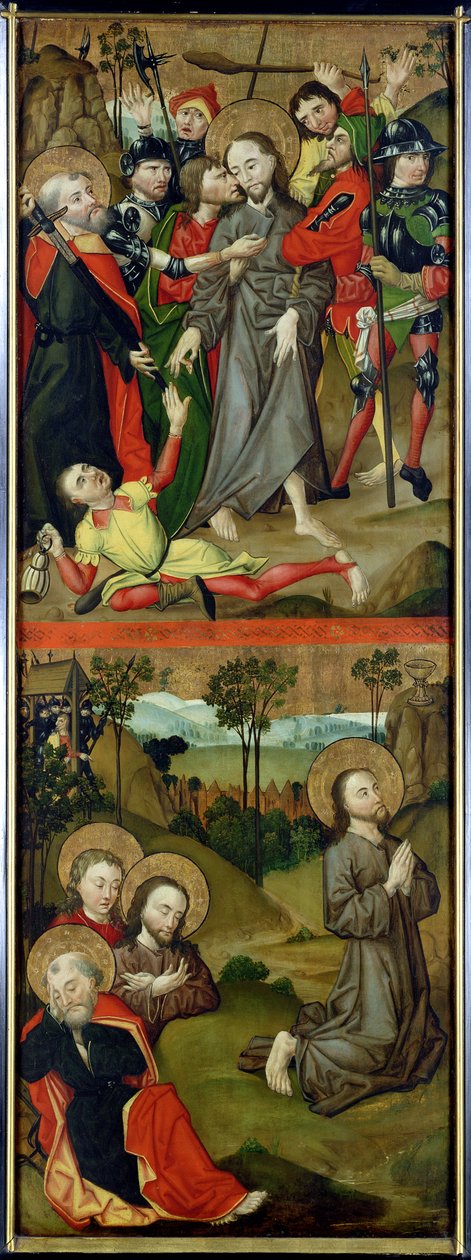 The Arrest of Christ and Christ in the Garden of Gethsemane, panel from an altarpiece depicting scenes of the Passion and Saints by Master of the Luneburg Footwashers
