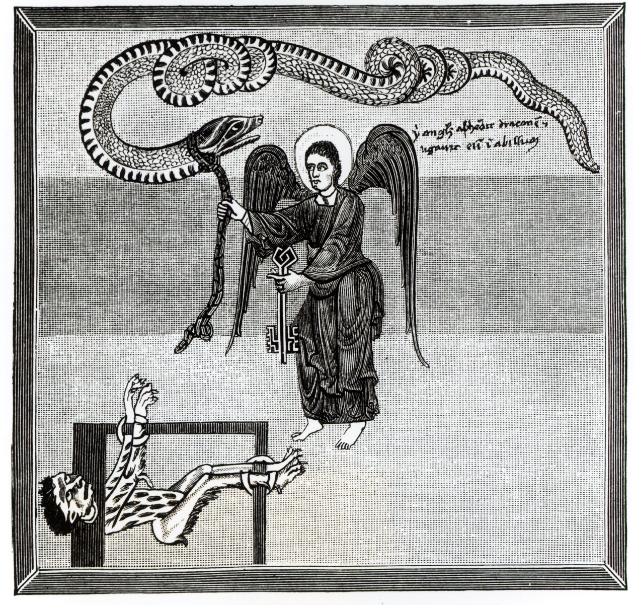The Angel, holding the Keys of Hell, enchains the Devil, in the shape of a Dragon, in the Pit, from a Commentary upon the Apocalypse by the Asturian monk Beatus of Liebana, c.776, illustration from 