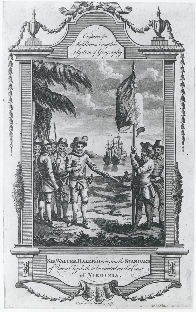 Sir Walter Raleigh (1552-1618) Ordering the Standard of Queen Elizabeth to be Erected on the Coast of Virginia, 1584, Engraved by the Artist for 