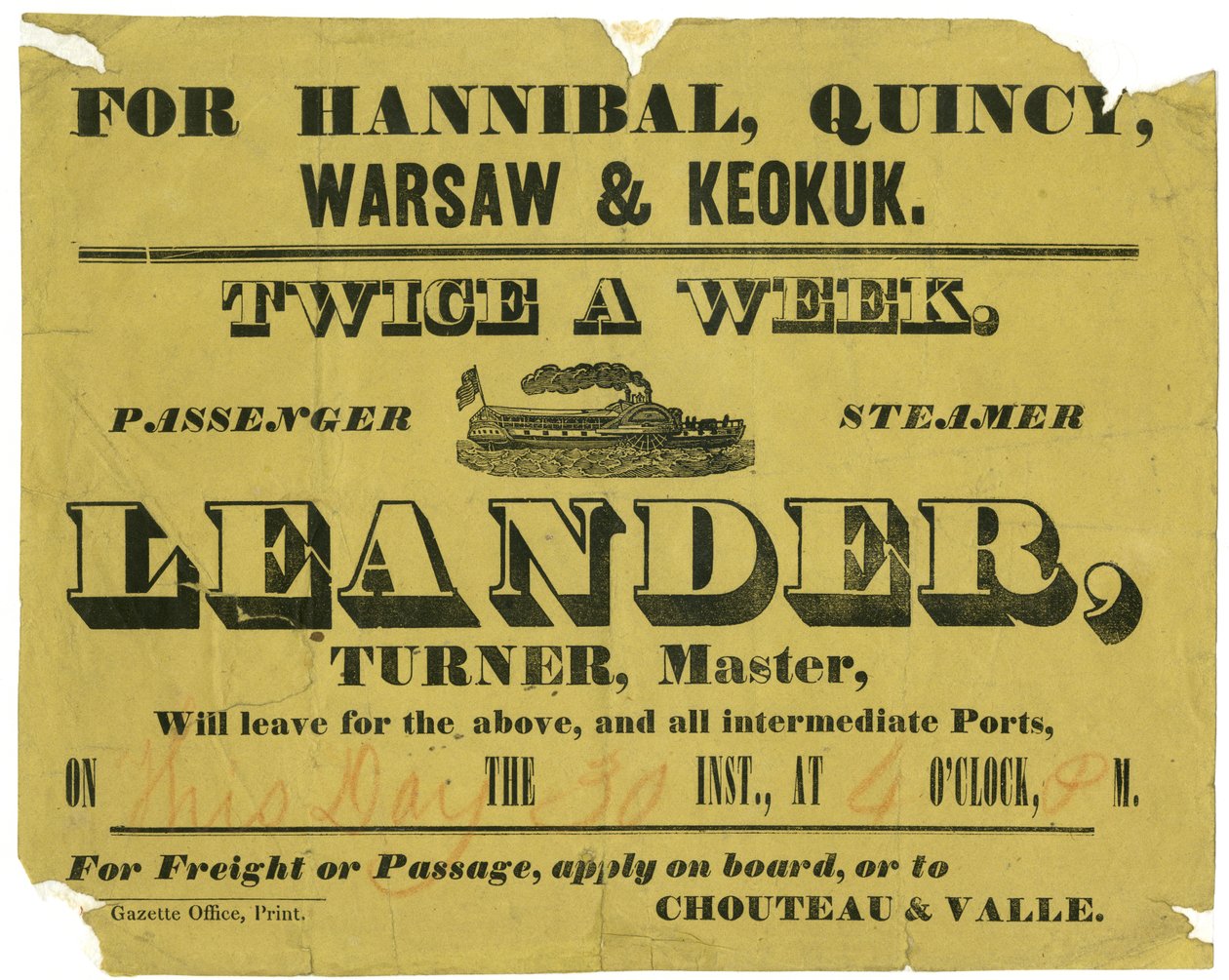Advertisement for S.S. Leander, Twice a Week Freight or Passage, to Hannibal, Quincy, Warsaw, and Keokuk, ca. 1850 by Unknown