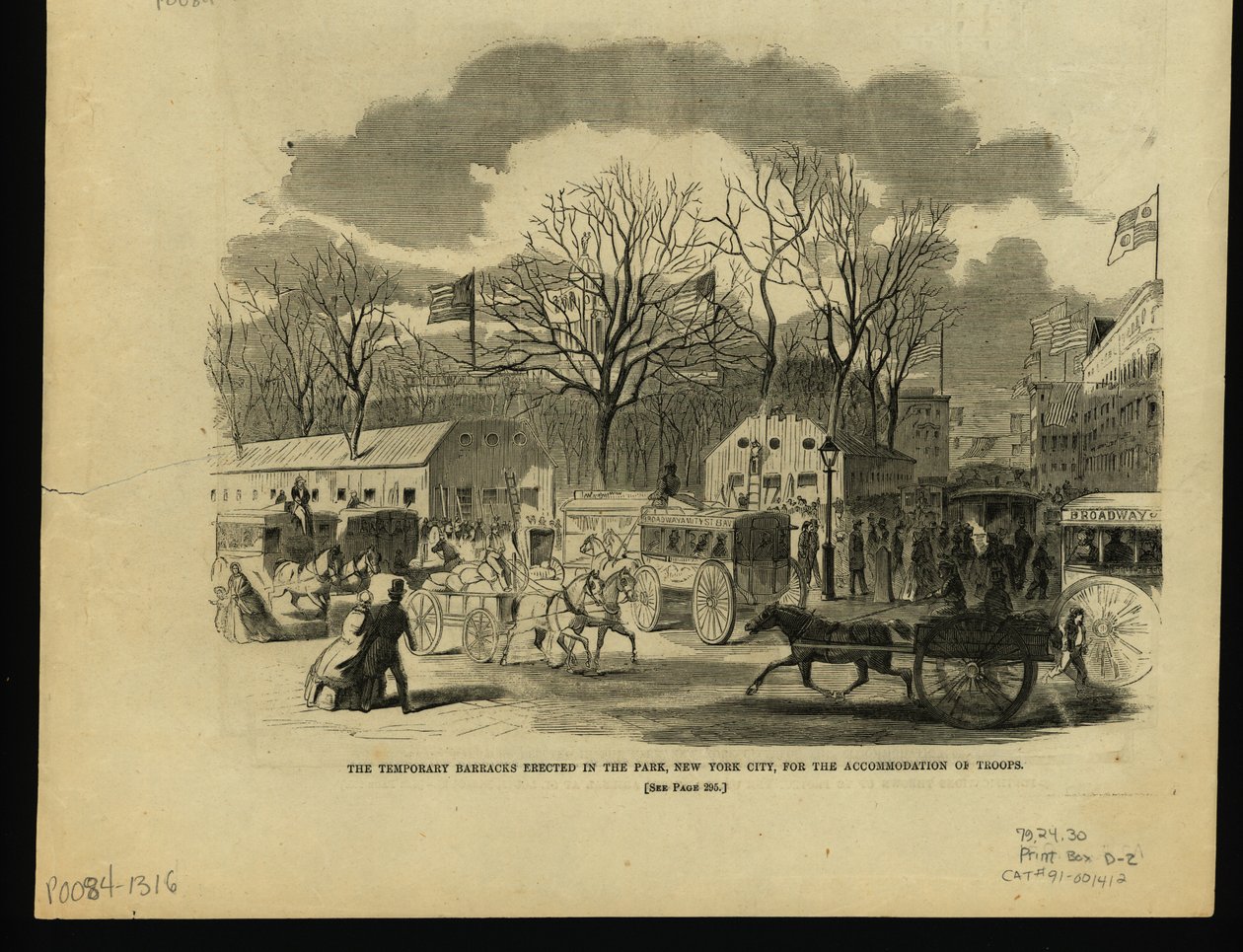 City Park Scene with Buildings, Horse-Drawn Wagons, and Carriages by Unknown