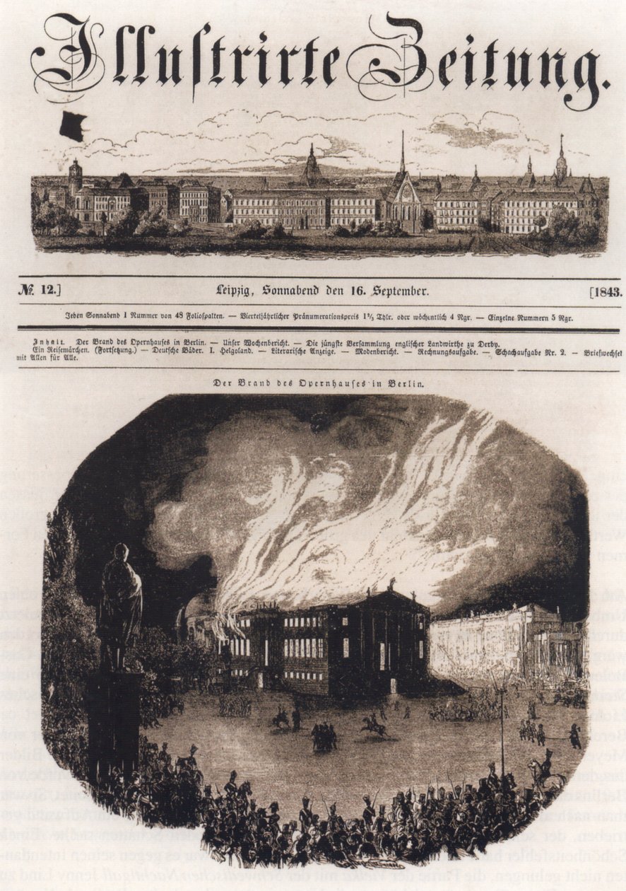 Title Page of the Leipzig Illustrated Newspaper, September 16, 1843, with Illustration of the Fire at the Berlin Opera House on August 18, 1843 by Unknown