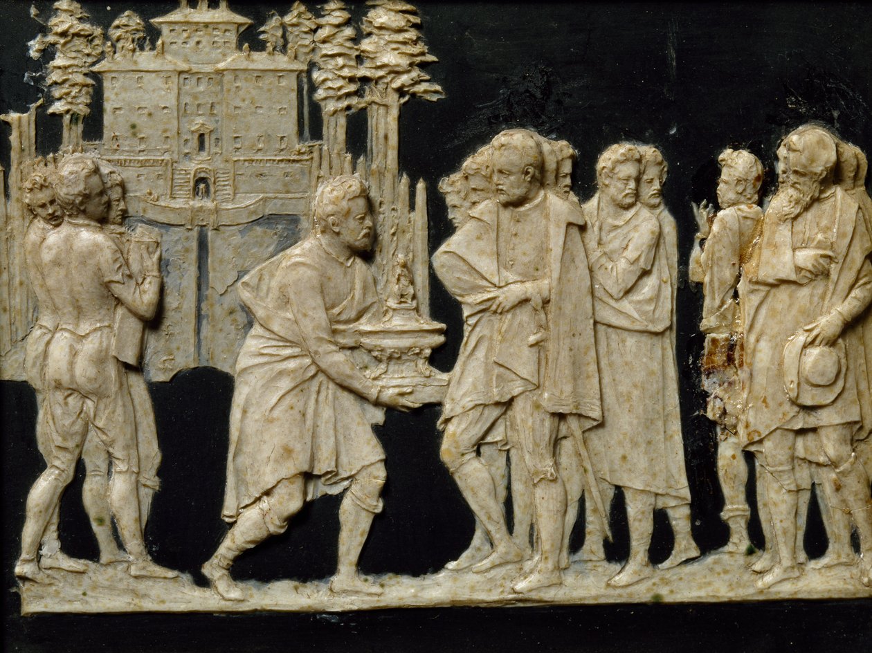 Presentation to Francesco I of model fountain in Pratolino, by Jean de Boulogne aka Giambologna, wax tile by Giambologna