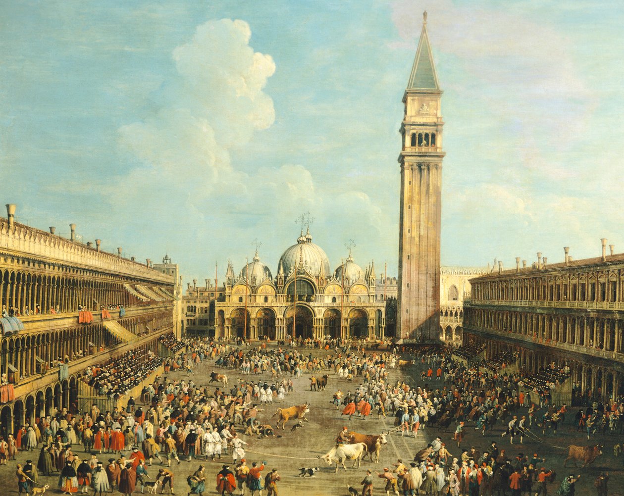 Bullfighting or Bull hunting in Piazza San Marco, by Giovanni Antonio Canal, known as Canaletto and Giovanni Battista Cimaroli by Canaletto
