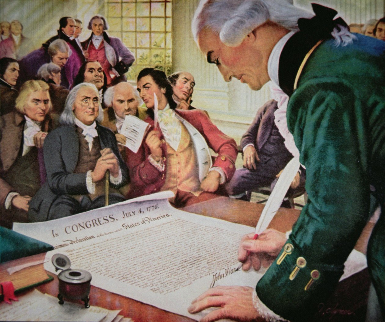 John Hancock signs the American Declaration of Independence, 4th July 1776 by (after) American School