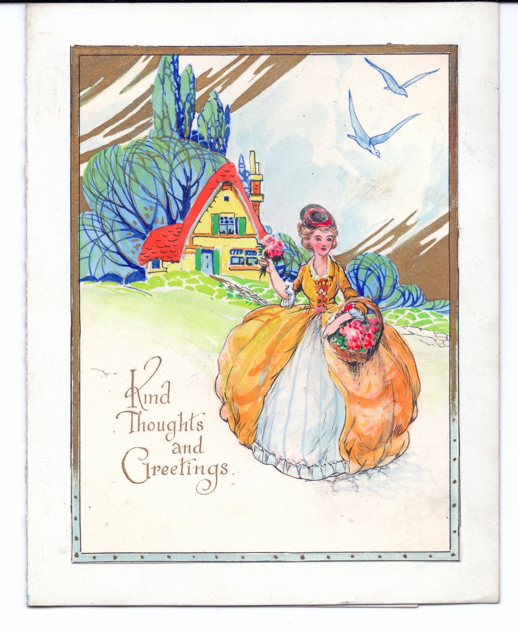 Original Artwork for a Greeting Card of a Lady in a Crinoline Dress, a Cottage and Two Bluebirds by (after) English School