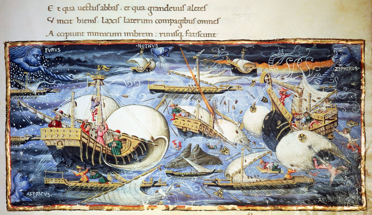 Sailing ships, illustration for Aeneid, epic poem by Virgil by (attr. to) Apollonio di Giovanni