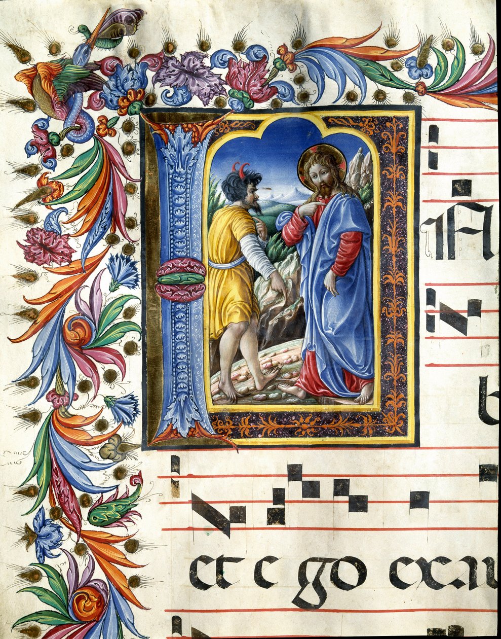 Decorated initial depicting the temptation of Christ. Miniature by Liberale da Verona (1445-1529) from a choir book (Cod. 20/5. c.45v) from the cathedral of Siena by (c.1445 1527) Liberale da Verona