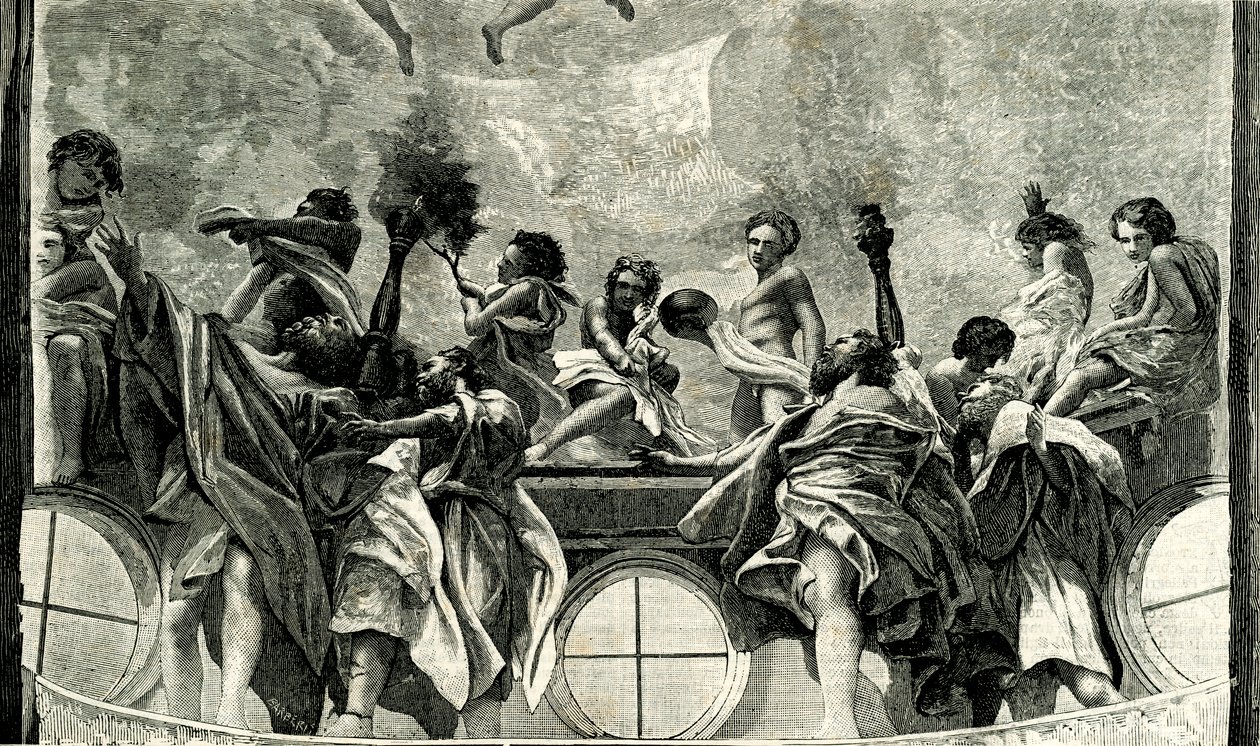 Assumption of Virgin, (detail) from fresco by Correggio, dome of Parma Cathedral, woodcut from Le cento citta d