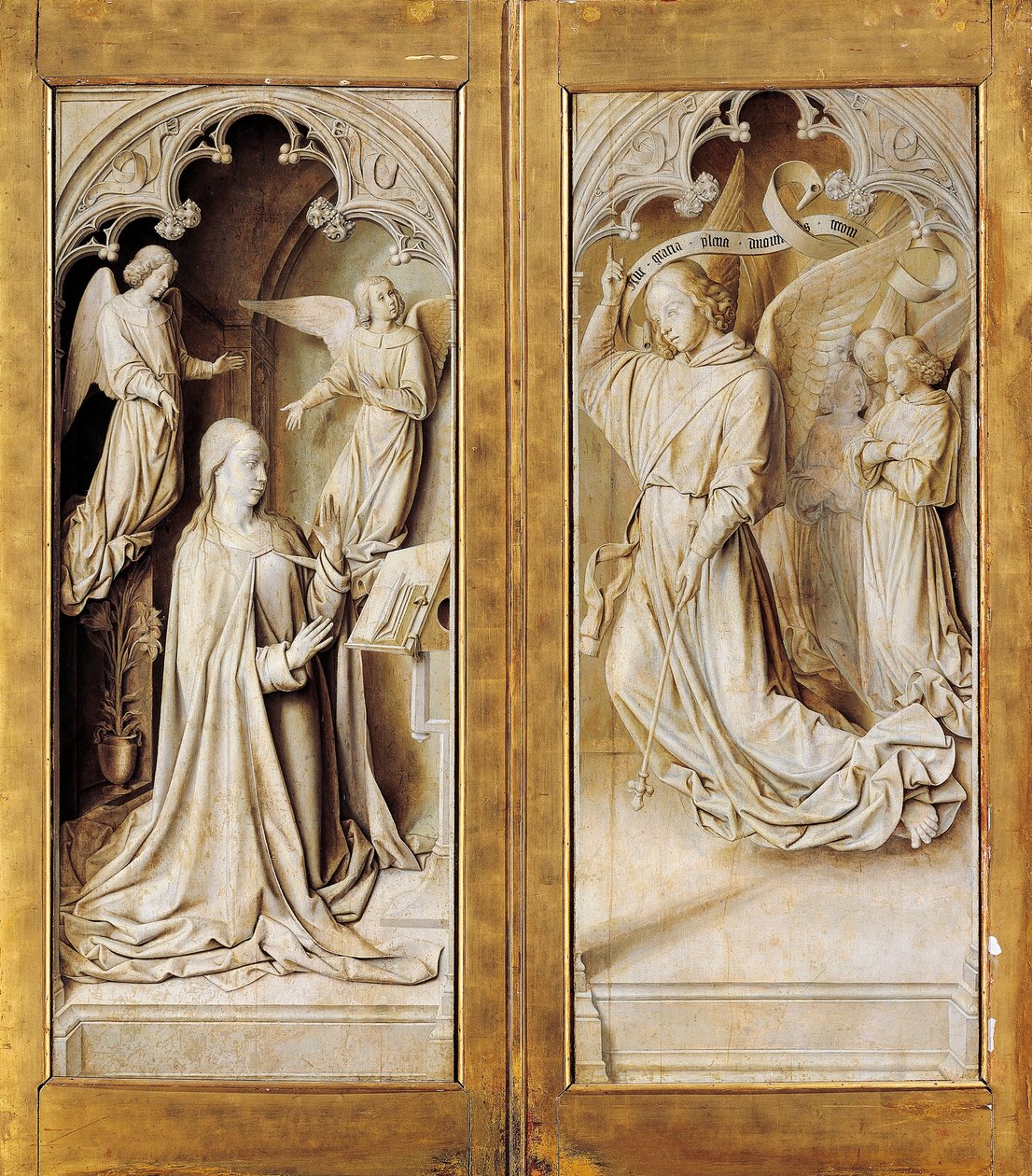 Annunciation in grisaille, exterior wings of triptych altarpiece by (fl.c.1483 c.1529) Master of Moulins