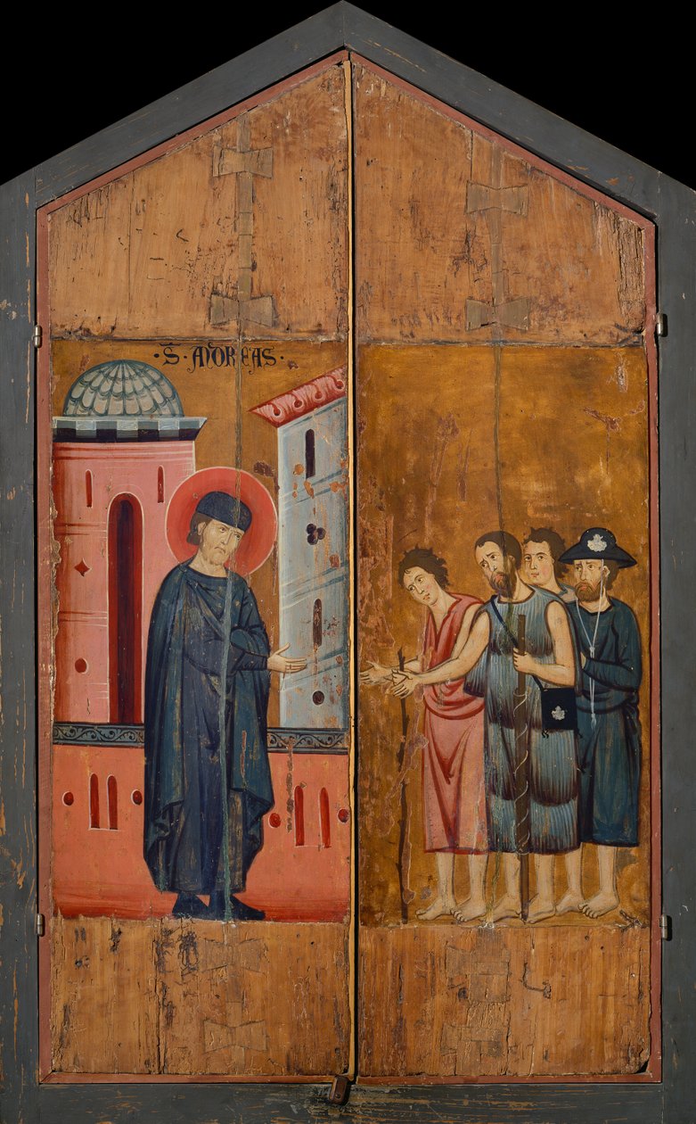 Diptych of Blessed Andrea Gallerani: The blessed host Gallerani receiving pilgrims and beggars, external panels, c.1270 by (workshop of) Guido da Siena