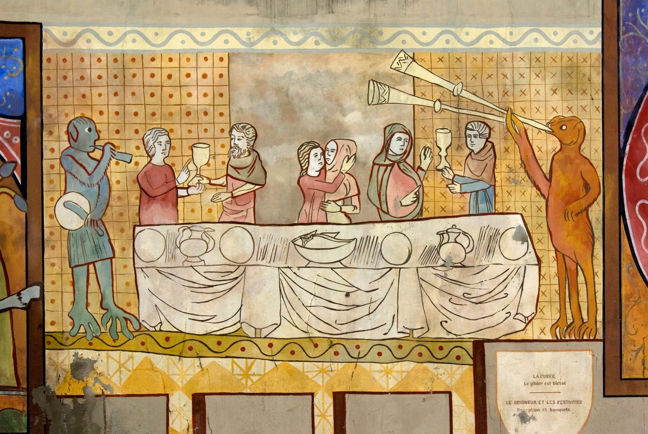 Drawing of a Medieval Banquet with Drinkers, Lovers, and Imaginary Animals Playing Drums and Trumpets by Unknown